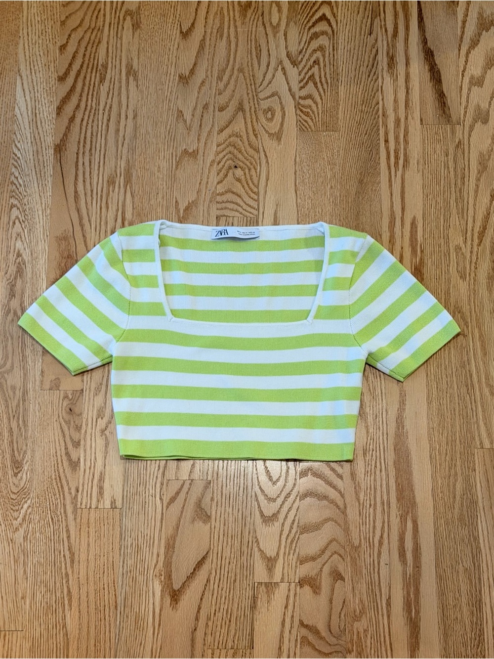 Zara Lime Green and White Striped Short-Sleeve Crop Top